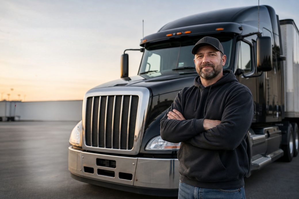 man crossing his arms with a parked semi truck behind him