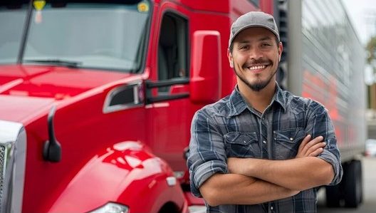 man crossing his arms and smiling standing in front of a parked semi truck